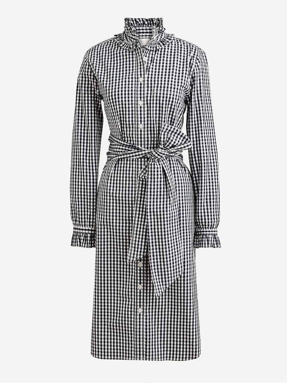 J. Crew Black and White Gingham Ruffle Neck Cotton Preppy Midi Dress